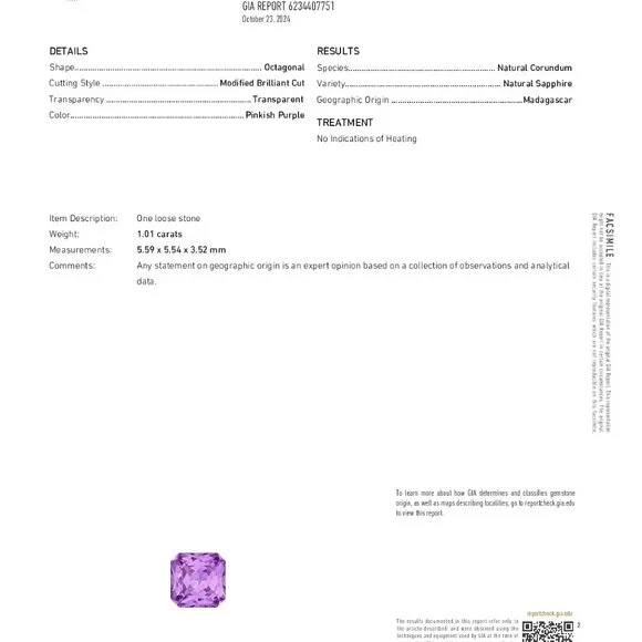 Emerald Loose Sapphire (1.01 Ct Pinkish Purple Si1) Gia C53000045